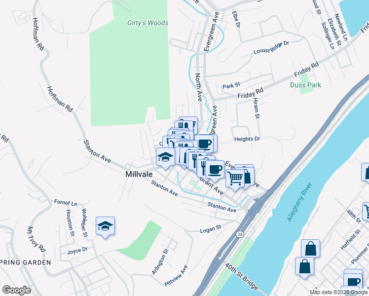 map of restaurants, bars, coffee shops, grocery stores, and more near 316 North Avenue in Pittsburgh