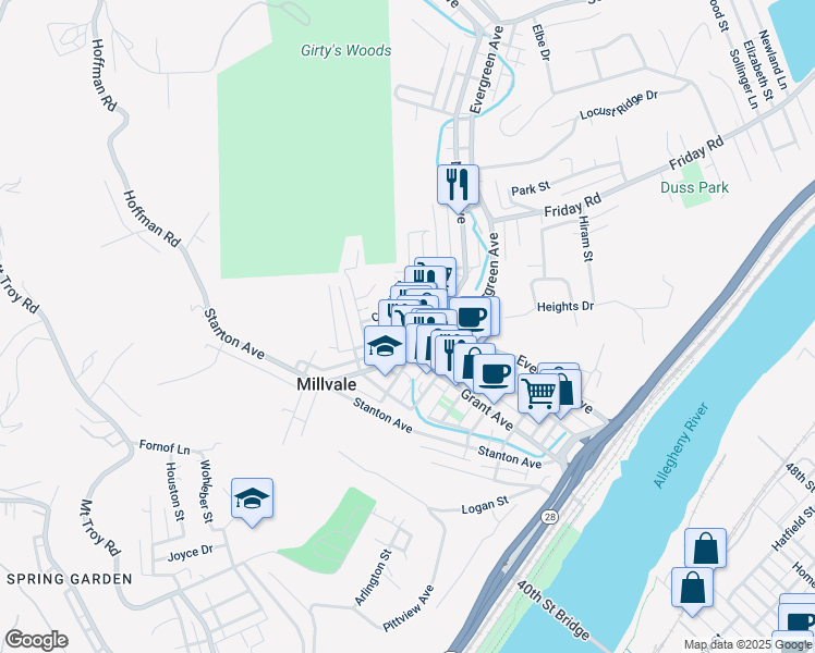 map of restaurants, bars, coffee shops, grocery stores, and more near 223 Sample Street in Pittsburgh