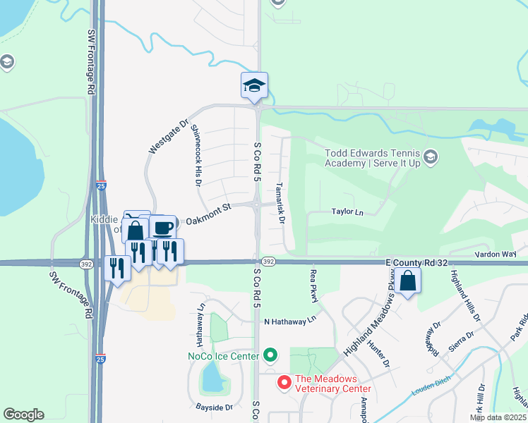 map of restaurants, bars, coffee shops, grocery stores, and more near 5178 Torrey Pines Court in Fort Collins