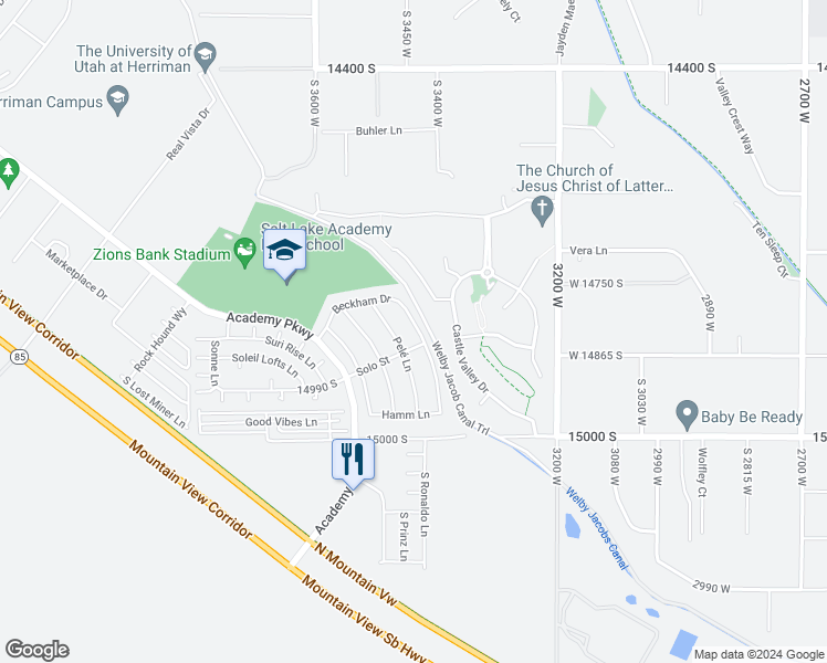 map of restaurants, bars, coffee shops, grocery stores, and more near 14832 Beckham Drive in Herriman