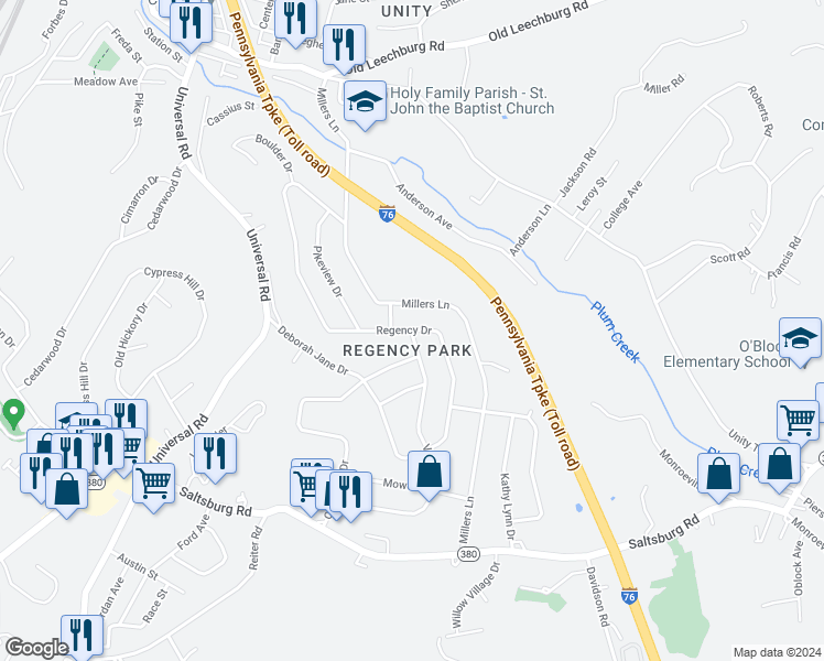 map of restaurants, bars, coffee shops, grocery stores, and more near Regency Drive in Plum