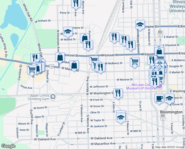 map of restaurants, bars, coffee shops, grocery stores, and more near 1010 1/2 West Market Street in Bloomington