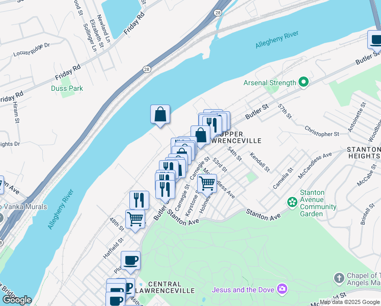map of restaurants, bars, coffee shops, grocery stores, and more near in Pittsburgh