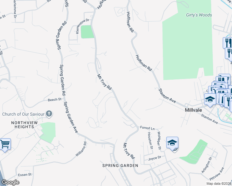 map of restaurants, bars, coffee shops, grocery stores, and more near 3106 Mount Troy Road in Pittsburgh