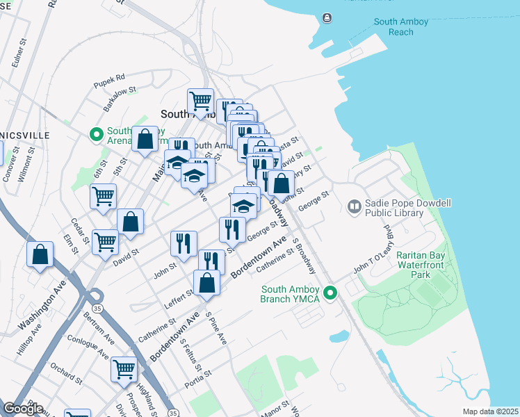 map of restaurants, bars, coffee shops, grocery stores, and more near 214 John Street in South Amboy