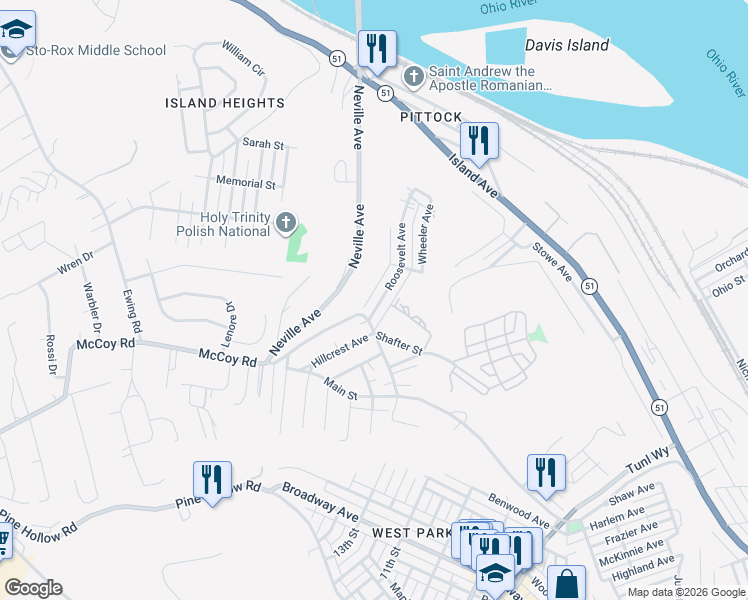map of restaurants, bars, coffee shops, grocery stores, and more near 155 Roosevelt Avenue in McKees Rocks