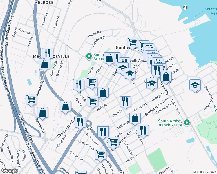 map of restaurants, bars, coffee shops, grocery stores, and more near 350 Main Street in South Amboy