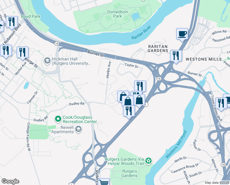 map of restaurants, bars, coffee shops, grocery stores, and more near 88 Phelps Avenue in New Brunswick