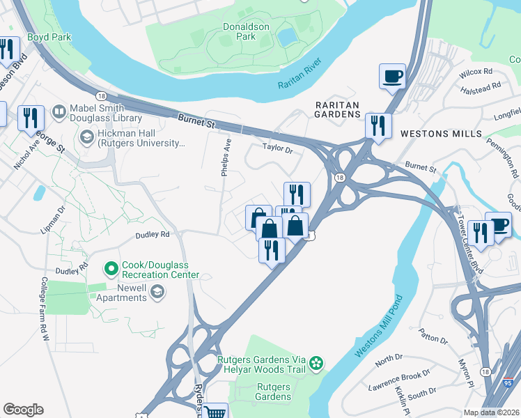 map of restaurants, bars, coffee shops, grocery stores, and more near 88 Phelps Avenue in New Brunswick