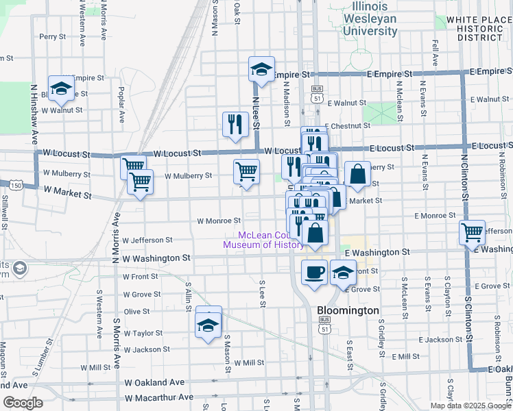 map of restaurants, bars, coffee shops, grocery stores, and more near 410 North Lee Street in Bloomington