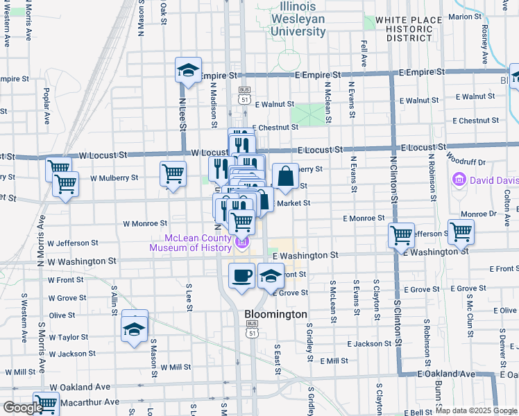 map of restaurants, bars, coffee shops, grocery stores, and more near 419 North Main Street in Bloomington