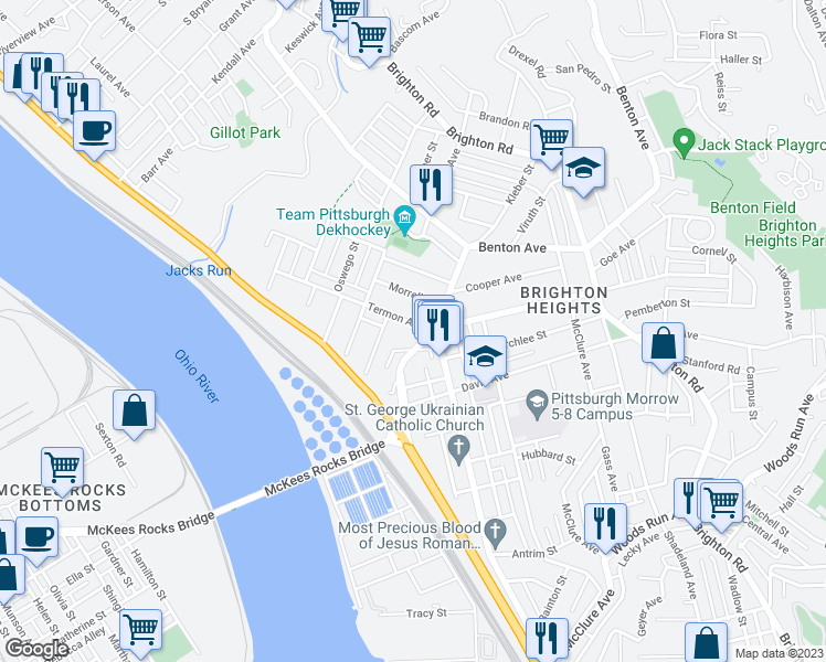 map of restaurants, bars, coffee shops, grocery stores, and more near 1713 Termon Avenue in Pittsburgh