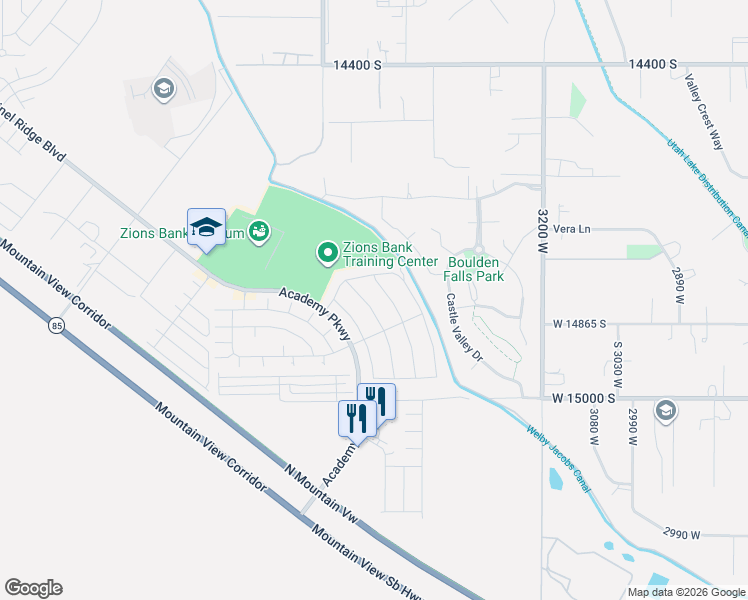 map of restaurants, bars, coffee shops, grocery stores, and more near 14838 Messi Street in Herriman
