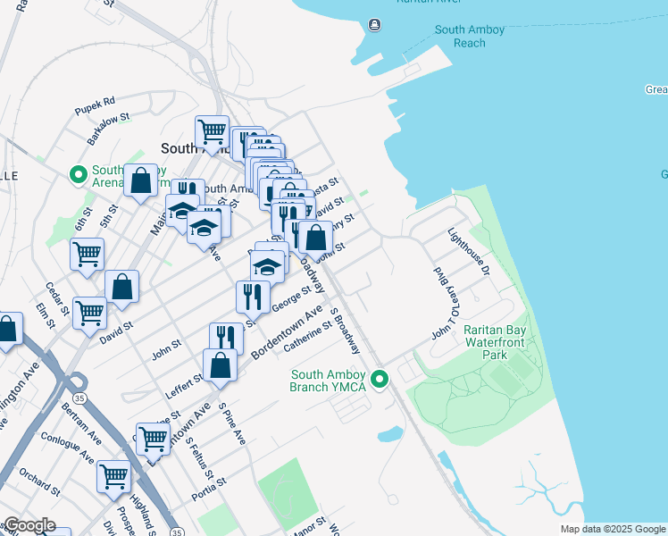 map of restaurants, bars, coffee shops, grocery stores, and more near 135 South Broadway in South Amboy