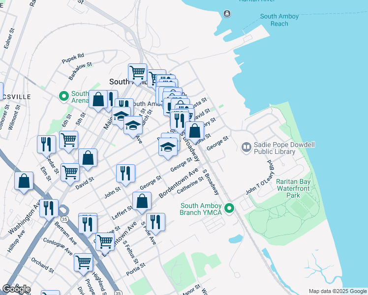 map of restaurants, bars, coffee shops, grocery stores, and more near 214 John Street in South Amboy