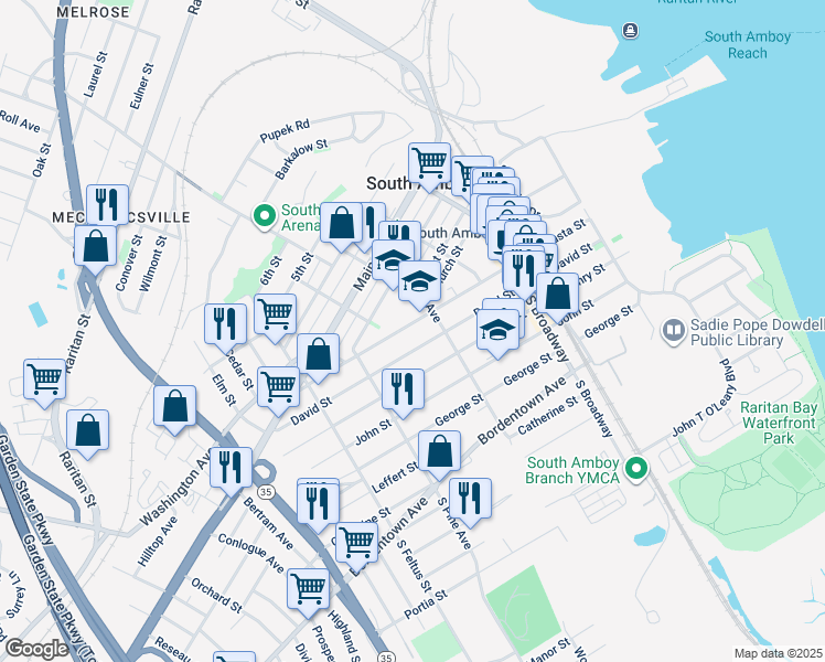 map of restaurants, bars, coffee shops, grocery stores, and more near 325 Augusta Street in South Amboy