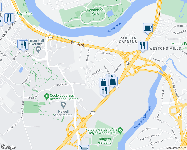 map of restaurants, bars, coffee shops, grocery stores, and more near 88 Phelps Avenue in New Brunswick