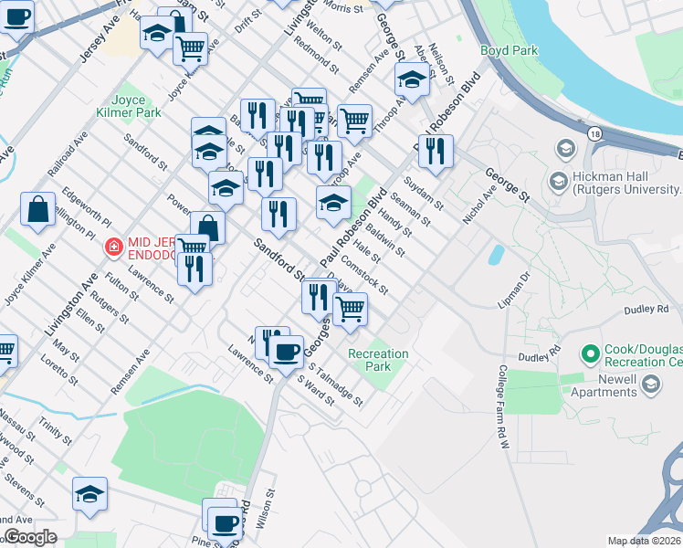 map of restaurants, bars, coffee shops, grocery stores, and more near 232 Commercial Avenue in New Brunswick