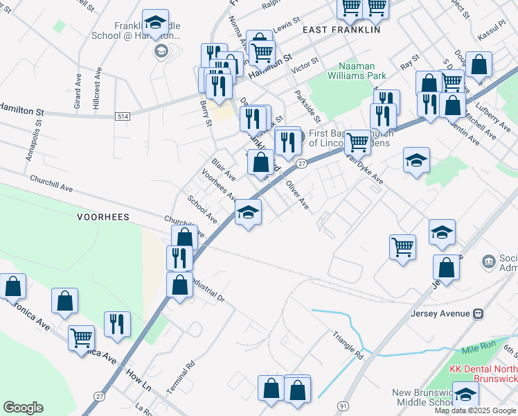 map of restaurants, bars, coffee shops, grocery stores, and more near 1 Adams Place in New Brunswick