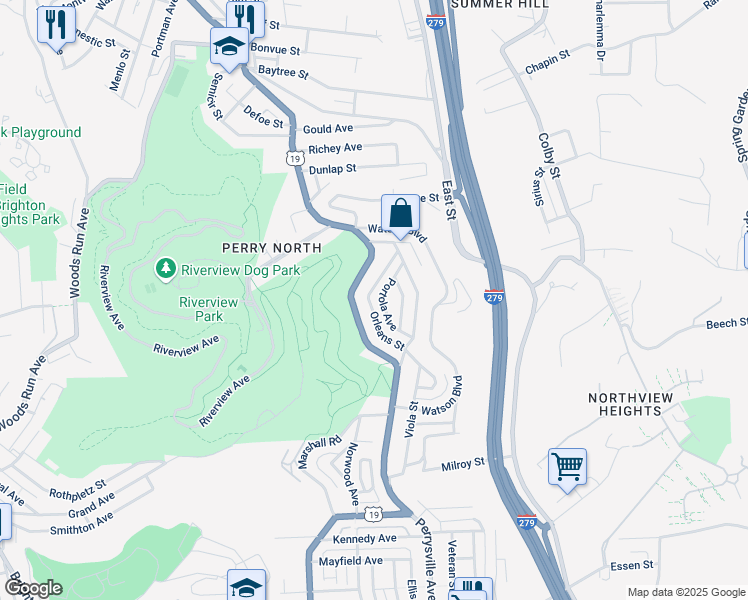 map of restaurants, bars, coffee shops, grocery stores, and more near 3401 Portola Street in Pittsburgh