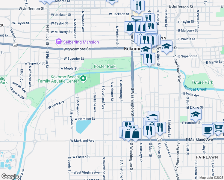 map of restaurants, bars, coffee shops, grocery stores, and more near 508 South Webster Street in Kokomo