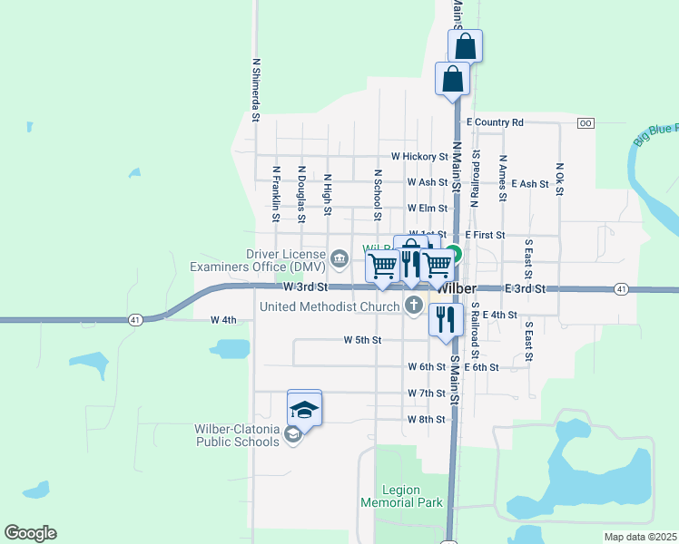map of restaurants, bars, coffee shops, grocery stores, and more near 215 South Court Street in Wilber
