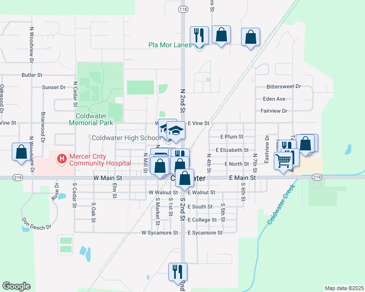 map of restaurants, bars, coffee shops, grocery stores, and more near 310 North 2nd Street in Coldwater