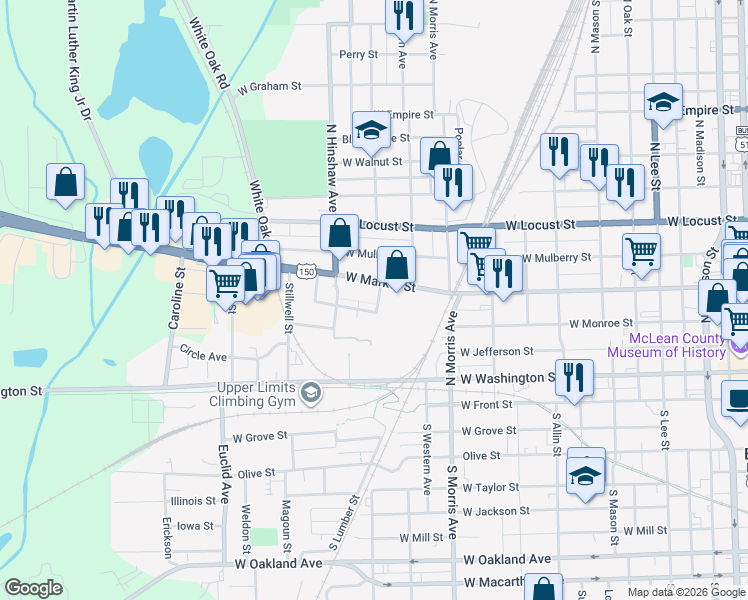 map of restaurants, bars, coffee shops, grocery stores, and more near 408 North Livingston Street in Bloomington