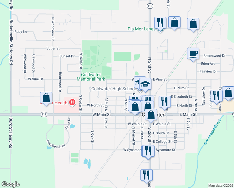 map of restaurants, bars, coffee shops, grocery stores, and more near 408 West Elizabeth Street in Coldwater