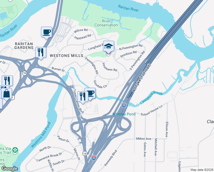 map of restaurants, bars, coffee shops, grocery stores, and more near 29 Goodale Circle in New Brunswick