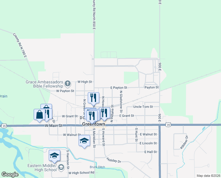 map of restaurants, bars, coffee shops, grocery stores, and more near 315 East Payton Street in Greentown