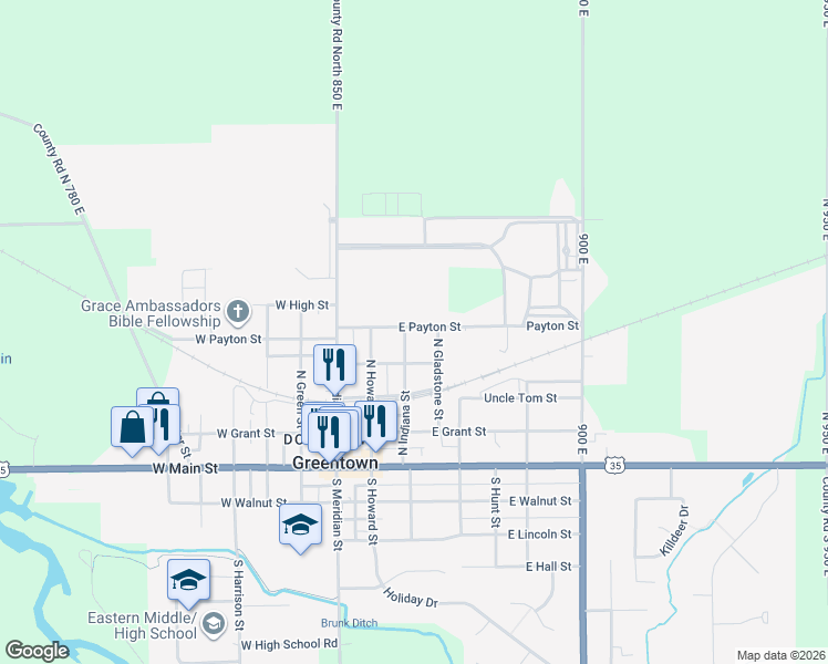 map of restaurants, bars, coffee shops, grocery stores, and more near 315 East Payton Street in Greentown