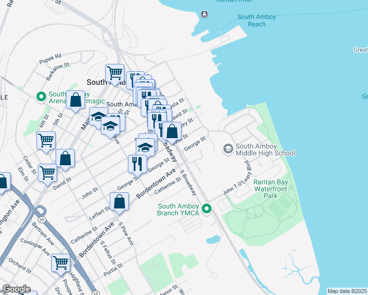 map of restaurants, bars, coffee shops, grocery stores, and more near 137 George Street in South Amboy