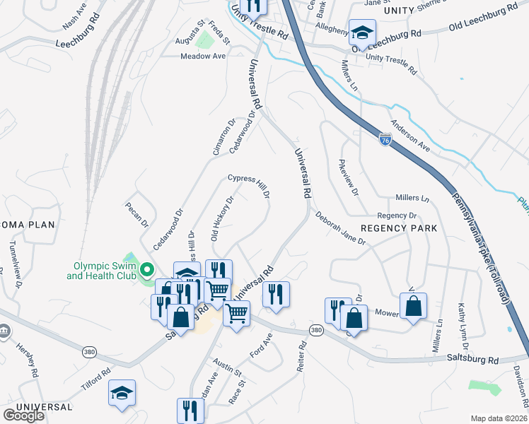 map of restaurants, bars, coffee shops, grocery stores, and more near 245 Cypress Hill Drive in Pittsburgh