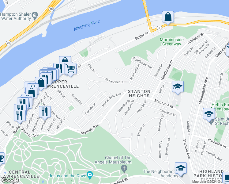 map of restaurants, bars, coffee shops, grocery stores, and more near 5701 McCandless Avenue in Pittsburgh
