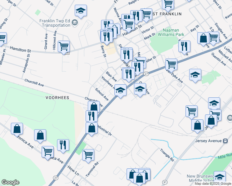 map of restaurants, bars, coffee shops, grocery stores, and more near 863 Somerset Street in Franklin Township