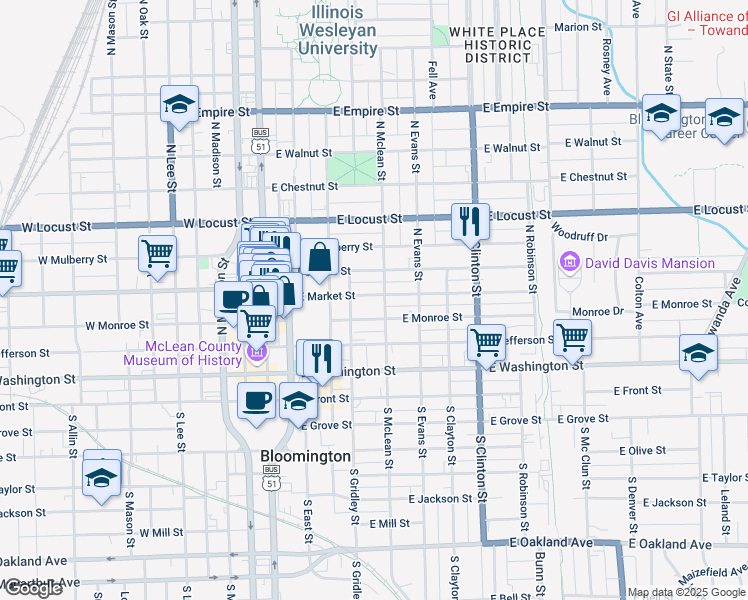 map of restaurants, bars, coffee shops, grocery stores, and more near 411 East Market Street in Bloomington