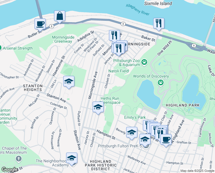 map of restaurants, bars, coffee shops, grocery stores, and more near 1440 Chislett Street in Pittsburgh