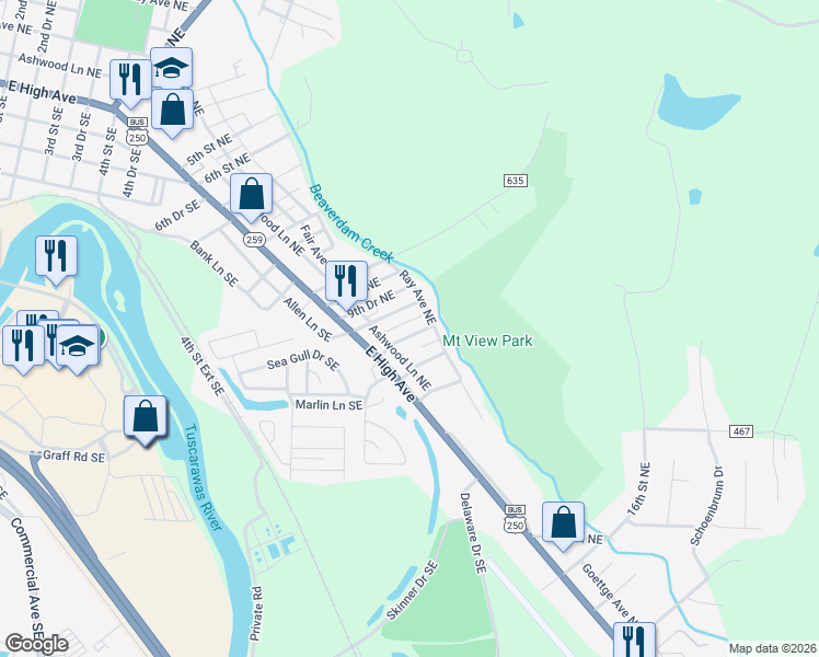 map of restaurants, bars, coffee shops, grocery stores, and more near 142 11th St NE in New Philadelphia