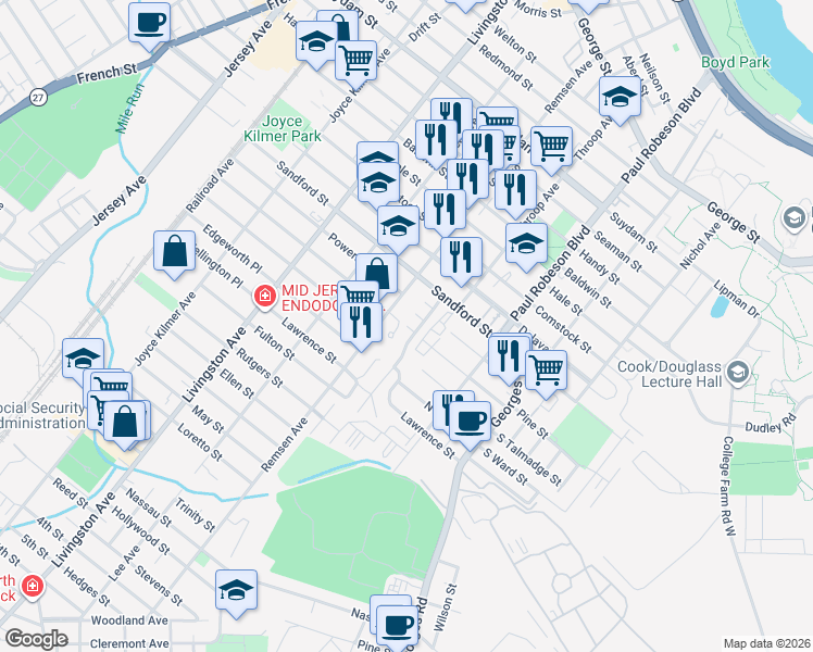 map of restaurants, bars, coffee shops, grocery stores, and more near Crescent Court in New Brunswick