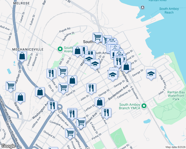 map of restaurants, bars, coffee shops, grocery stores, and more near 321 Augusta Street in South Amboy
