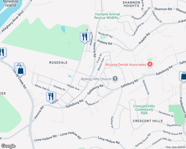 map of restaurants, bars, coffee shops, grocery stores, and more near 5508 Verona Road in Verona