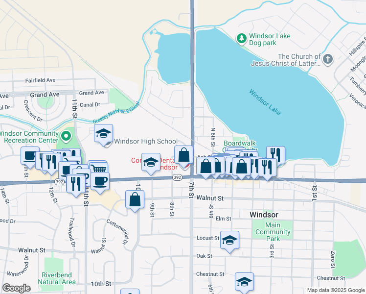 map of restaurants, bars, coffee shops, grocery stores, and more near 122 Calabria Drive in Windsor