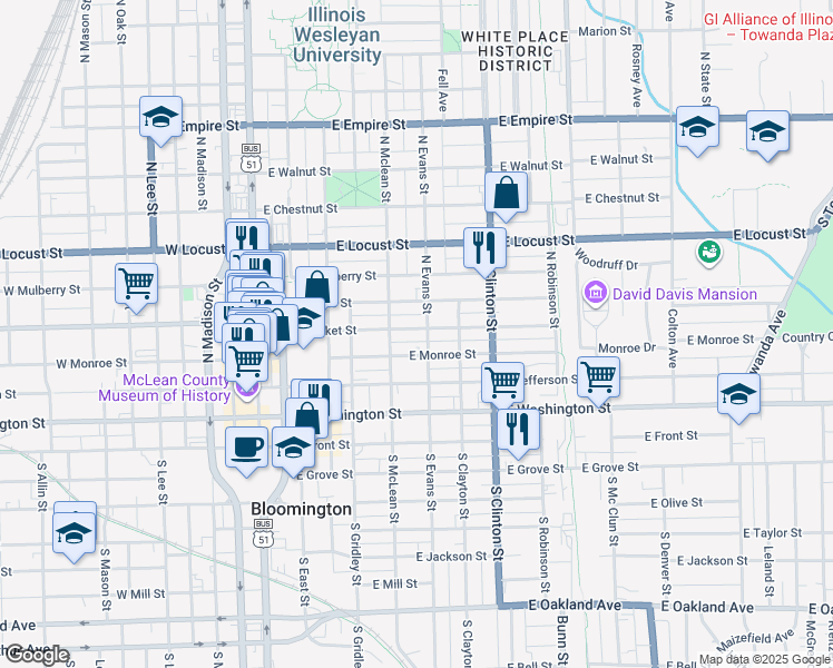 map of restaurants, bars, coffee shops, grocery stores, and more near 511 East Market Street in Bloomington