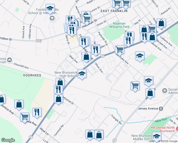 map of restaurants, bars, coffee shops, grocery stores, and more near 1 Adams Place in New Brunswick