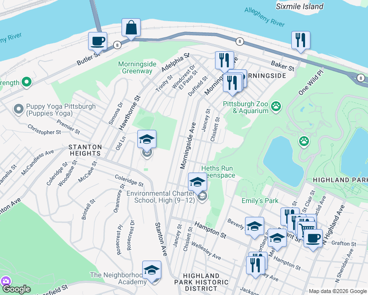 map of restaurants, bars, coffee shops, grocery stores, and more near 1423 Morningside Avenue in Pittsburgh
