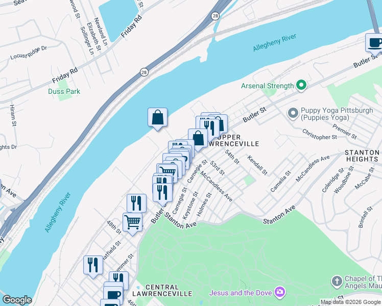 map of restaurants, bars, coffee shops, grocery stores, and more near in Pittsburgh
