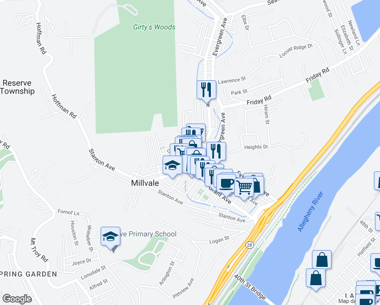 map of restaurants, bars, coffee shops, grocery stores, and more near 316 North Avenue in Pittsburgh