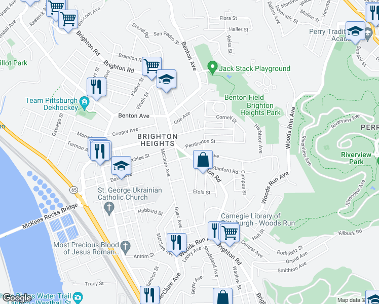 map of restaurants, bars, coffee shops, grocery stores, and more near 3604 Brighton Road in Pittsburgh