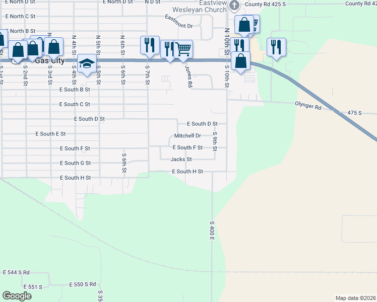 map of restaurants, bars, coffee shops, grocery stores, and more near 29 Jacks Street in Gas City